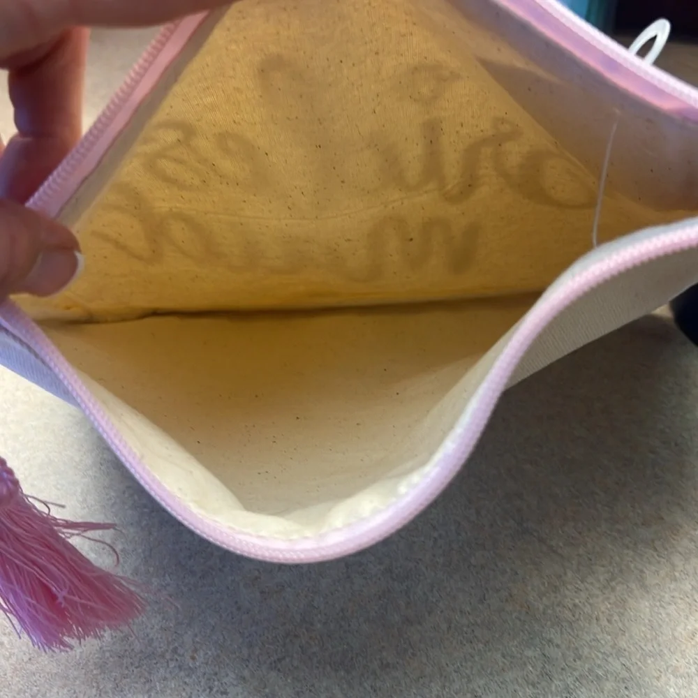 Cosmetic Bag, pink zipper & tassel, Cream bag, Gold Glitter “Brides Maid” NWT